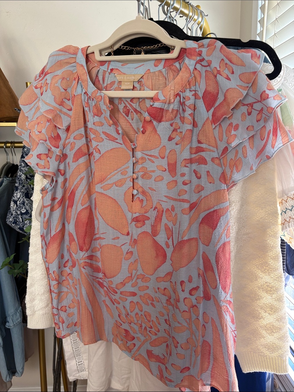 Light Blue Floral Flutter-Sleeve Blouse with Coral Print